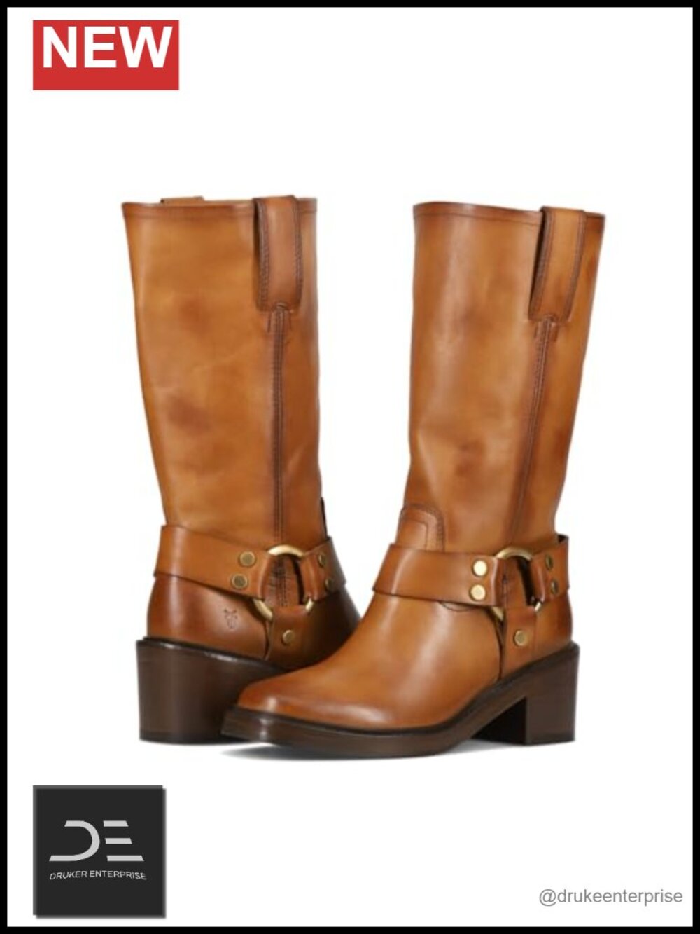 Women's Mid-Calf Leather Harness Boots Square Toe Cushioned Footbed